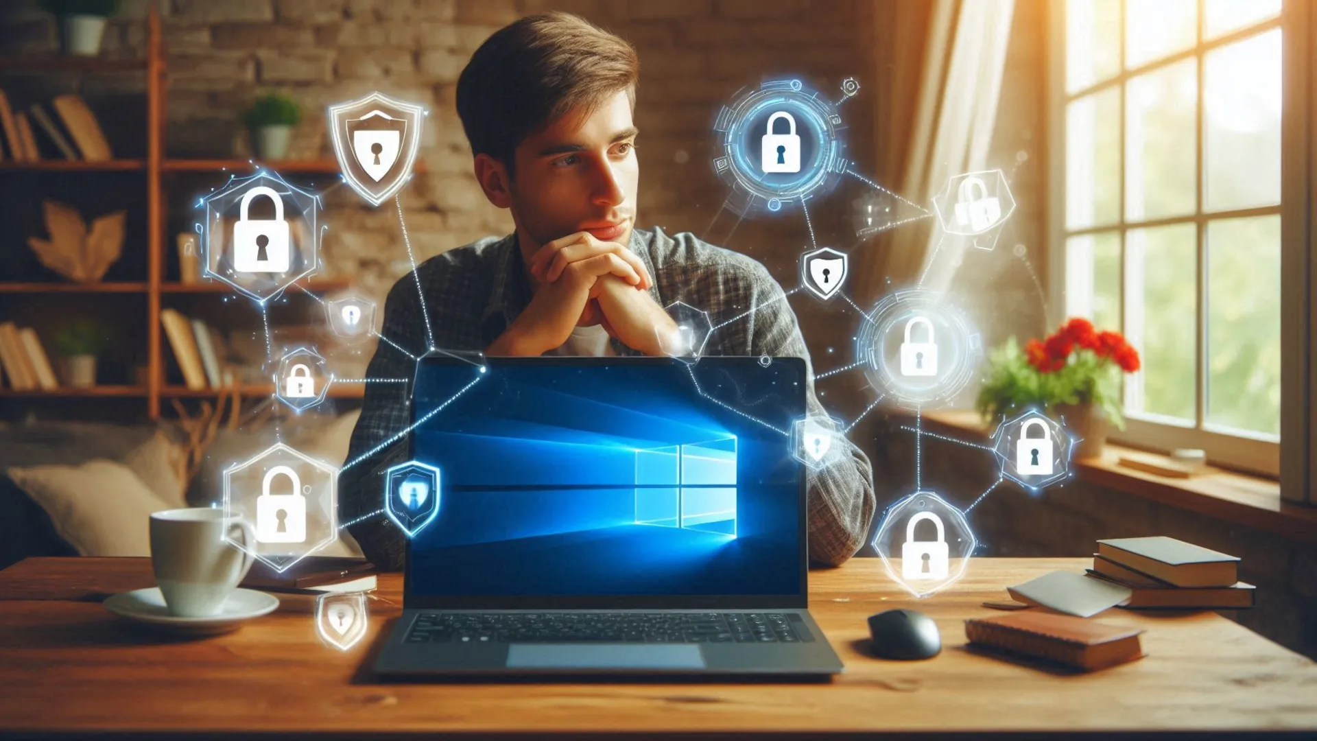 muž s notebookem Windows 10 přemýšlející nad zabezpečením